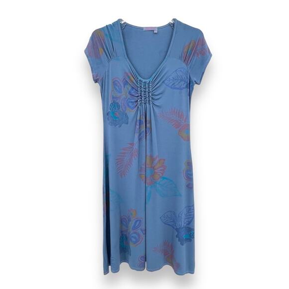 Fresh Produce blue floral knit stretch ruched V neck short sleeve midi dress - Picture 1 of 7